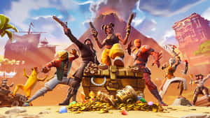 Fortnite 角色在沙漠島嶼上慶祝寶藏。