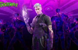 帶有發光眼睛和紋身的Fortnite角色被陰影人物包圍。