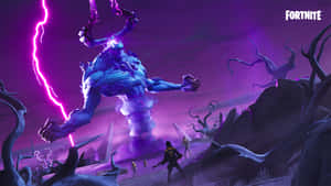 玩家在紫色暴風雨的遊戲場景中面對一個巨大的發光怪物。 — Fortnite 造型 壁紙