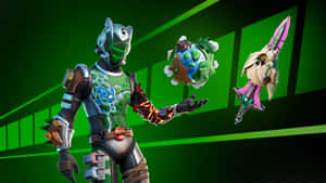 穿著綠色盔甲的Fortnite角色在霓虹綠色數位空間中手持發光武器。
