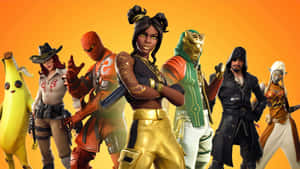 七個Fortnite遊戲角色穿著色彩繽紛的服裝，手持武器擺姿勢。 — 要塞英雄 大逃殺 壁紙