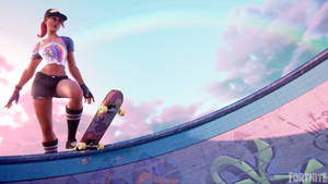 Fortnite角色在滑板坡道上滑板，背景有彩虹天空