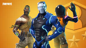 三個身穿未來風格服裝的 Fortnite 遊戲角色，帶著發光點綴擺姿勢。