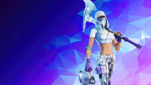 Fortnite 角色手持斧頭和頭盔，背景為幾何紫色藍色