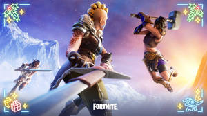 Fortnite 角色在雪山上進行節日戰鬥，配有節日圖標。