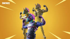 三個穿著獨角獸盔甲的Fortnite角色在黃色背景上展示肌肉，帶有光線。