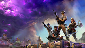 四個穿著戰鬥裝備、手持武器的Fortnite角色，在紫色風暴天空下的木箱堡壘上。 — 要塞英雄縮圖動畫 壁紙