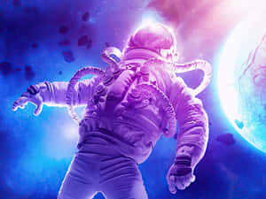 太空人在色彩繽紛的太空中漂浮，靠近發光的行星和小行星。 — 太空 壁紙
