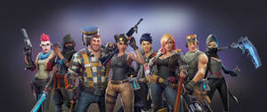 Fortnite 遊戲角色手持武器擺出團隊姿勢。