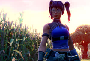 Fortnite角色在夕陽下的玉米田裡戴著眼鏡和藍色服裝。