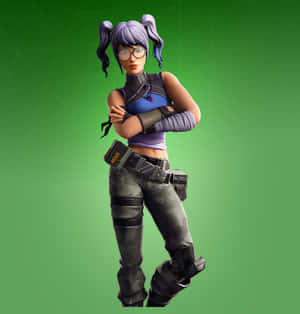Fortnite角色，紫色辮子和眼鏡，穿著遊戲服裝。