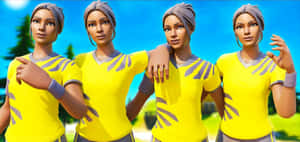 四個穿著黃色襯衫的Fortnite角色一起站在戶外。