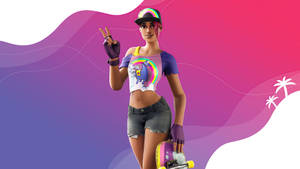Fortnite角色在彩色漸變背景前拿著滑板並比出和平手勢。