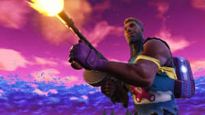 Fortnite 角色在色彩繽紛的幻想景觀中手持燃燒的火把