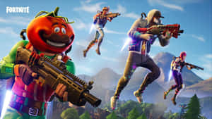 四個 Fortnite 角色在空中持槍，背景為山脈