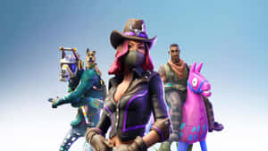 Fortnite角色，包括一個蒙面牛仔女人同粉紅色馬，背景係藍天。