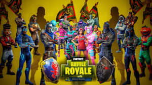 Fortnite Battle Royale角色著住色彩繽紛嘅衫，帶住盾牌同旗幟擺姿勢。