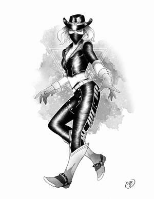 穿著皮革服裝和面具的女牛仔在水彩背景前動感擺姿勢。 — 鬼滅之刃面具 壁紙