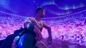 在極光下發光競技場中的Fortnite角色，帶有紋身