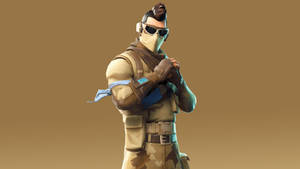 穿著沙漠迷彩、戴太陽眼鏡和藍色頭巾的Fortnite角色。