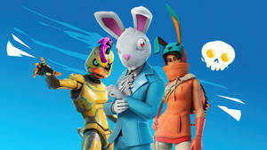 三個兔子主題的 Fortnite 角色，在附近有一個漂浮的骷髏頭，擺出動作姿勢。