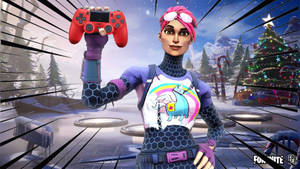 Fortnite角色在雪景聖誕場景中拿著紅色控制器和聖誕樹。 — 要塞英雄縮圖動畫 壁紙