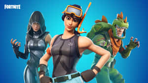 三個穿著未來風格服裝的 Fortnite 遊戲角色在藍色背景前擺姿勢。