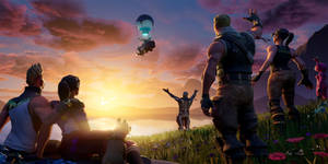 Fortnite 玩家觀看夕陽湖上一個發光的熱氣球。