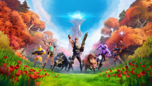 Fortnite 角色手持武器和野獸，在色彩繽紛的秋日田野中，遠處有發光的塔樓。