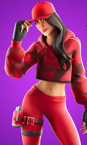 Fortnite 角色穿著紅色迷彩服裝在紫色背景前自信地擺姿勢
