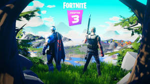 兩個 Fortnite 角色從一個長滿草的山丘上俯瞰一個色彩繽紛的島嶼景觀。
