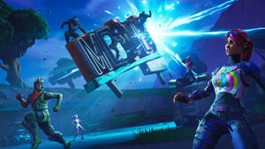 穿著色彩繽紛服裝的 Fortnite 玩家在發光的藍色光束下進行高能量戰鬥。