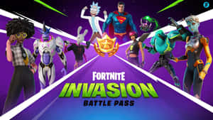 Fortnite Invasion Battle Pass  featuring Rick Sanchez Superman 及其他角色以動態姿勢呈現。