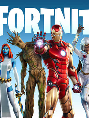 Fortnite 角色 Iron Man、Groot 和 X-Men 在藍天下擺出動態姿勢。
