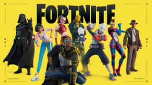 穿著色彩繽紛服裝的 Fortnite 遊戲角色在黃色背景前擺姿勢。