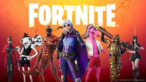 Fortnite遊戲角色手持武器和獨特服裝，站在火熱的橙色背景前。