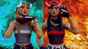 兩個穿著相配服裝的Fortnite角色在冰與火背景前擺姿勢。 — 要塞英雄縮圖動畫 壁紙