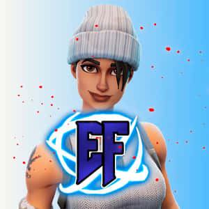 Fortnite 角色，帶有發光 EF 標誌和紅色濺點，淺藍色背景