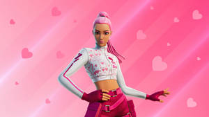 Fortnite 角色穿著粉紅色心形主題服裝，背景為粉紅色心形
