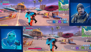 Fortnite 玩家在日落時分於海灘上使用雨傘和棕櫚樹進行戰鬥。 — PlayStation GIF 壁紙