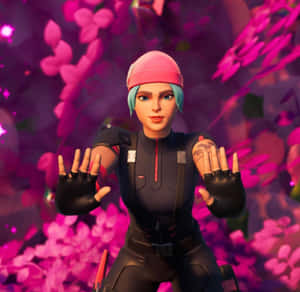 女性Fortnite角色身穿黑色裝備和粉紅色冷帽，以粉紅色花朵為背景。