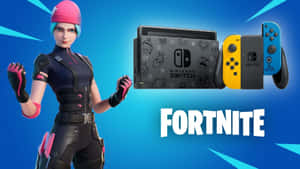 Fortnite角色在藍色背景的Nintendo Switch主機旁邊。