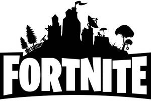 黑色剪影的Fortnite遊戲標誌，包含城堡、樹木和衛星天線。