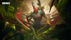 一個Fortnite叢林戰士，皮膚赤紅，帶有綠色藤蔓，手持武器。