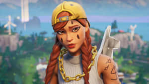 辮子頭髮、戴著黃色帽子的Fortnite角色，在一個有風力渦輪機的遊戲世界中。