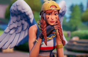 Fortnite天使角色，帶翅膀和帽子在戶外場景