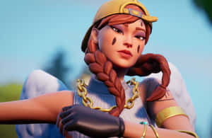 擁有紅色辮子和金色配飾的Fortnite角色在戶外擺姿勢。