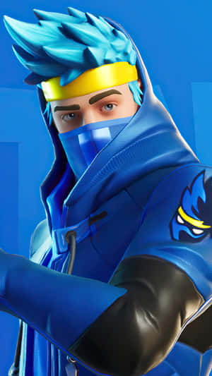 穿著藍色連帽衫、戴著黃色頭帶的Fortnite忍者角色。