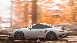 銀色保時捷911 GT3 RS在秋林中疾馳，背景模糊。