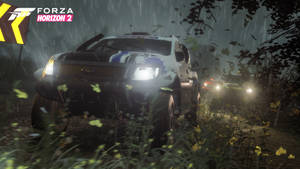 拉力賽車在夜間雨中森林行駛，車頭燈亮起。 — 極限競速：地平線4 壁紙